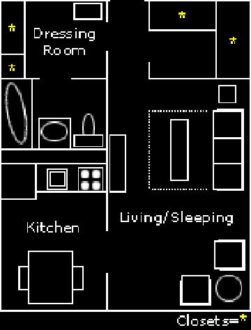 Floor plan with combined living and sleeping space and a dressing room at Fellowship Towers.